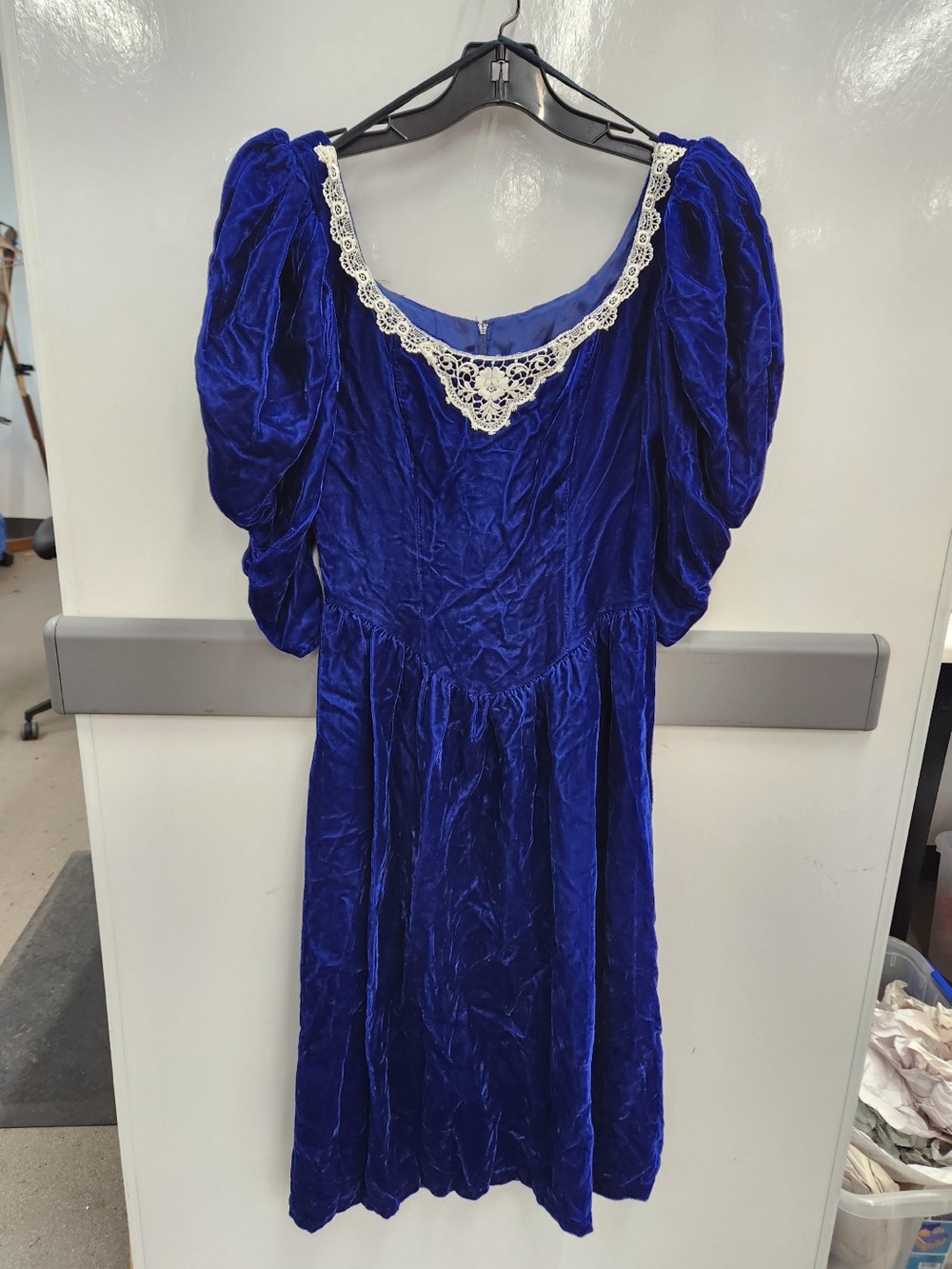 Gunne Sax Royal Blue Velvet Midi Dress with Lace Trim